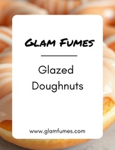 A promotional image featuring glazed doughnuts with the brand name 'Glam Fumes' perfume and body oil and the product name 'Glazed Doughnuts' prominently displayed.